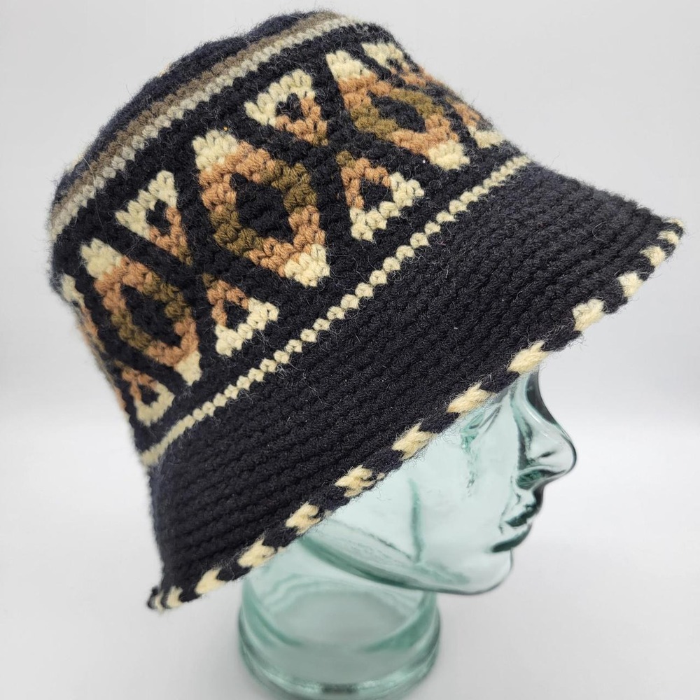 Vintage Crochet Bucket Hat Geometric Diamond Starburst Boho Navy Tan Handcrafted